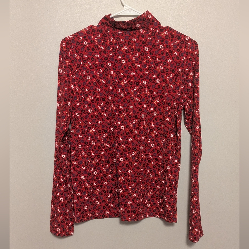 NWT Loft Red Floral Print Mock Neck Long Sleeve Top - Picture 3 of 4
